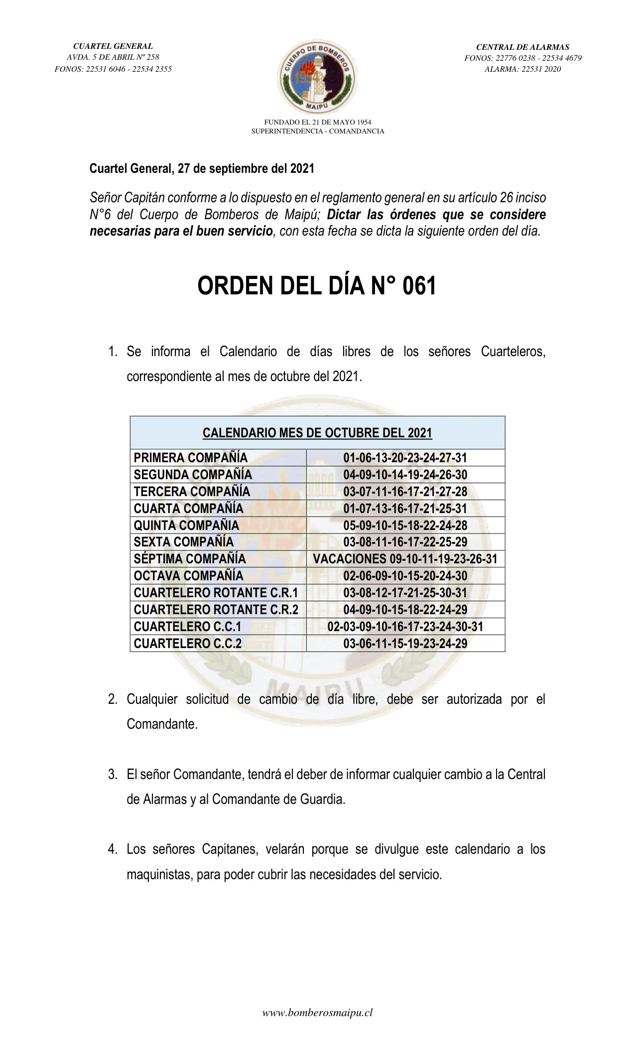 Página 1 de Orden del Día N° 61/2021