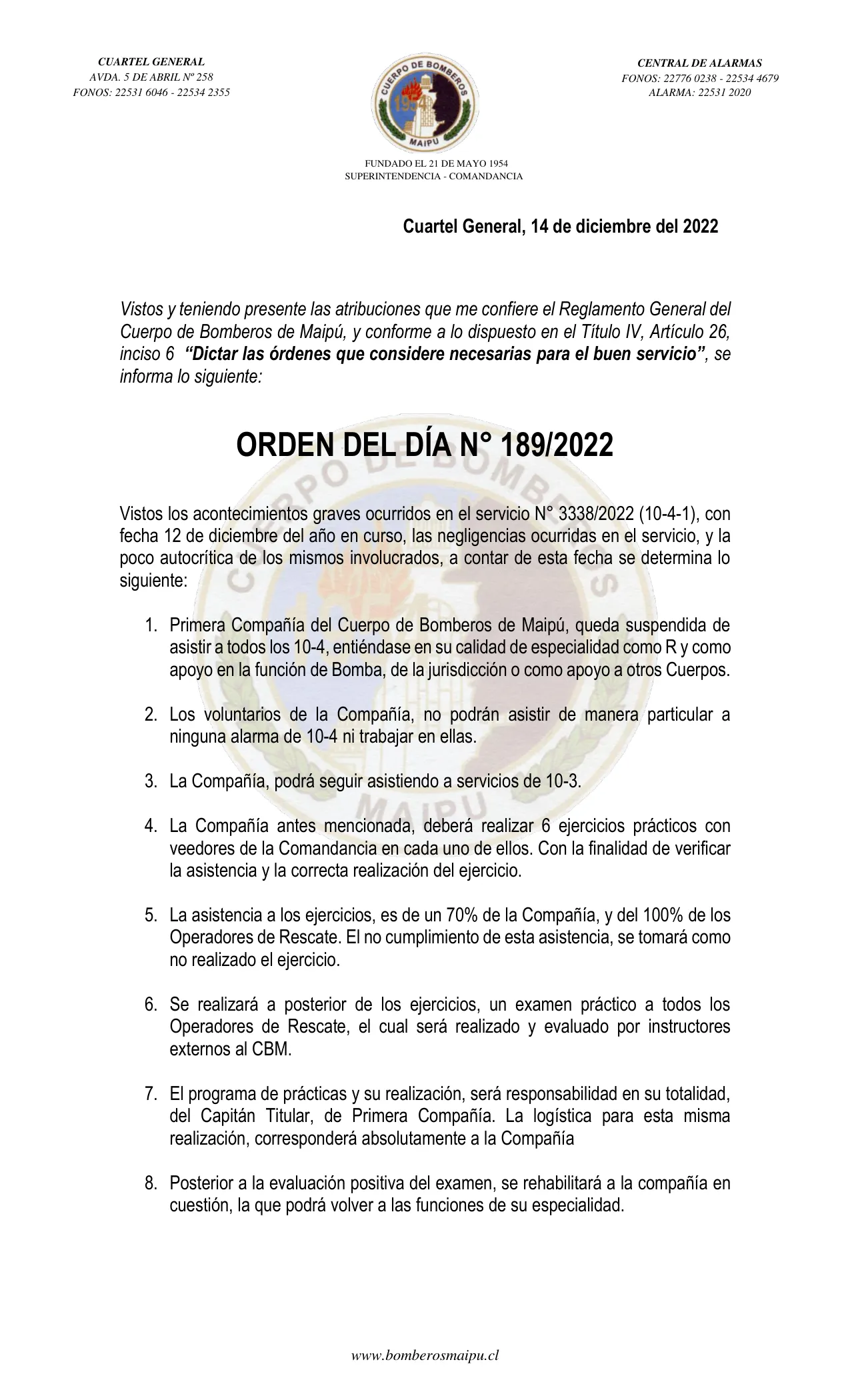 Página 1 de Orden del Día N° 189/2022