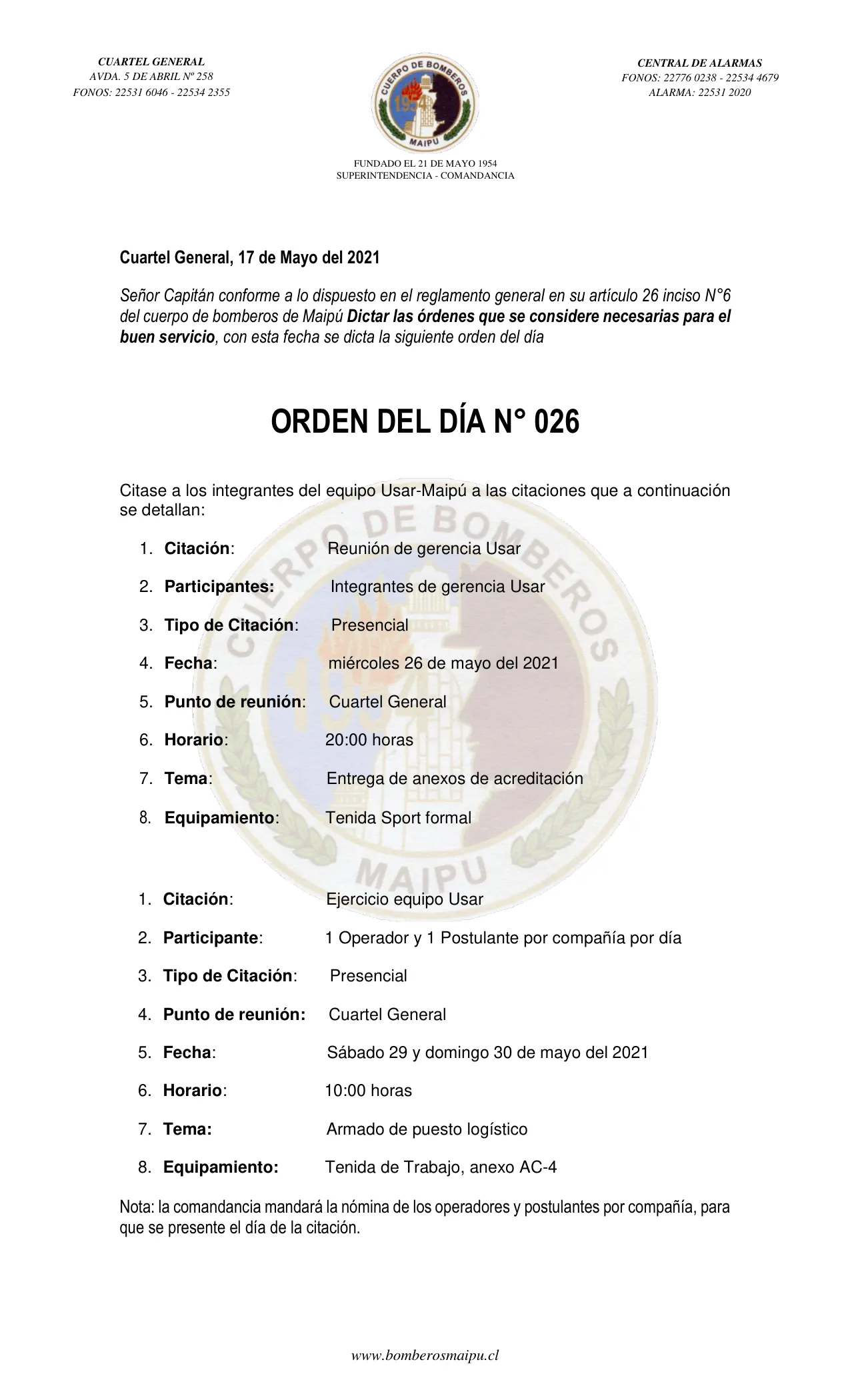Página 1 de Orden del Día N° 26/2021