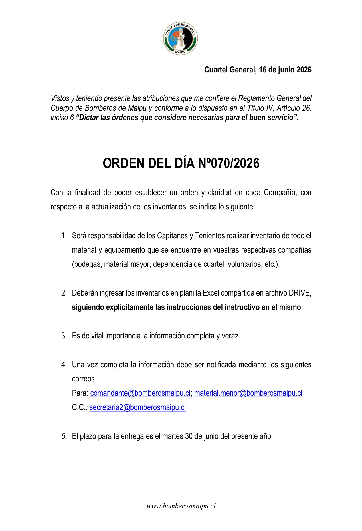 Orden del Día N° 70/2026
