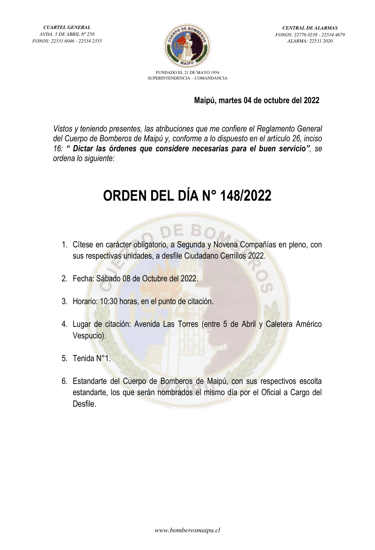 Página 1 de Orden del Día N° 148/2022