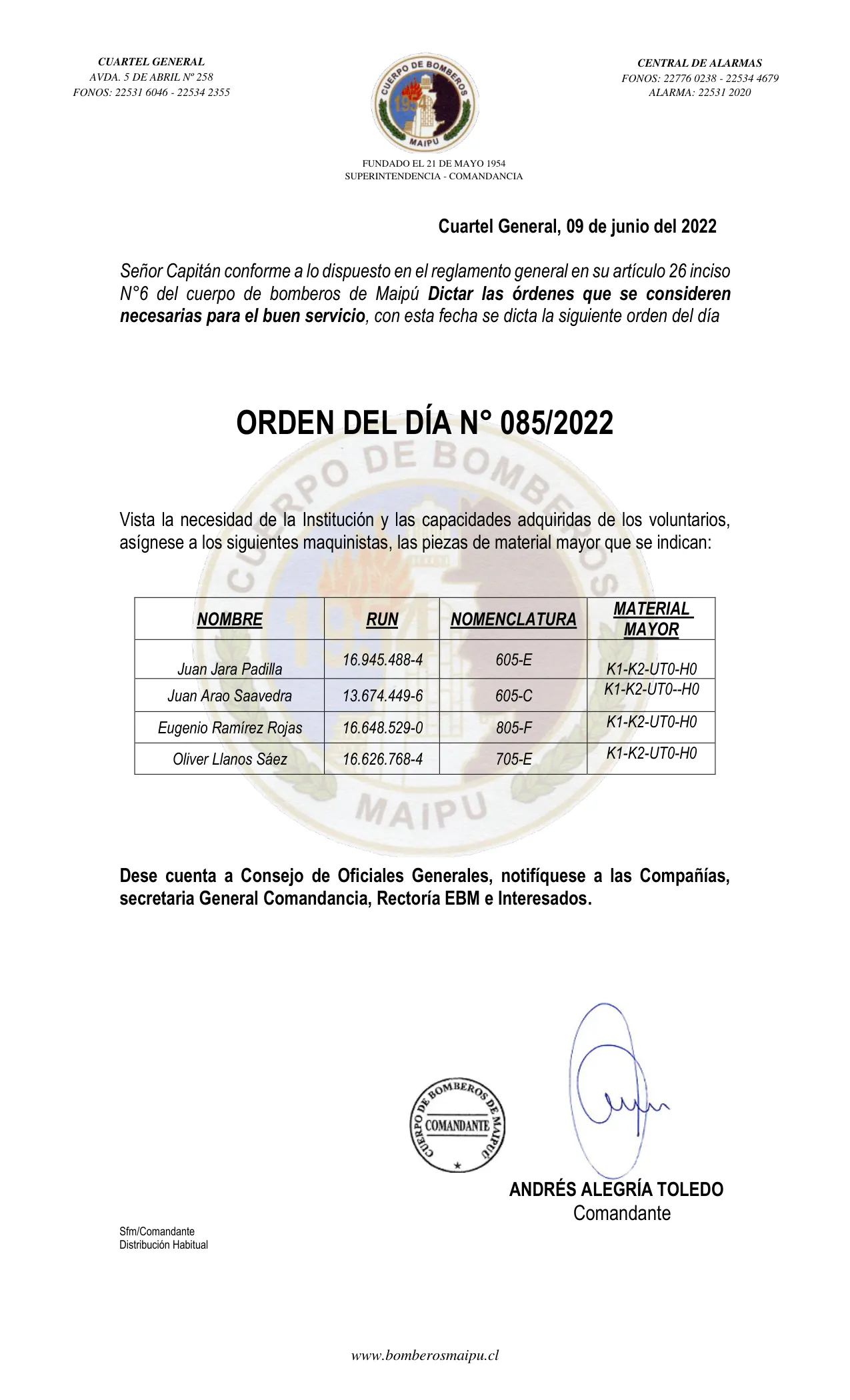 Página 1 de Orden del Día N° 85/2022