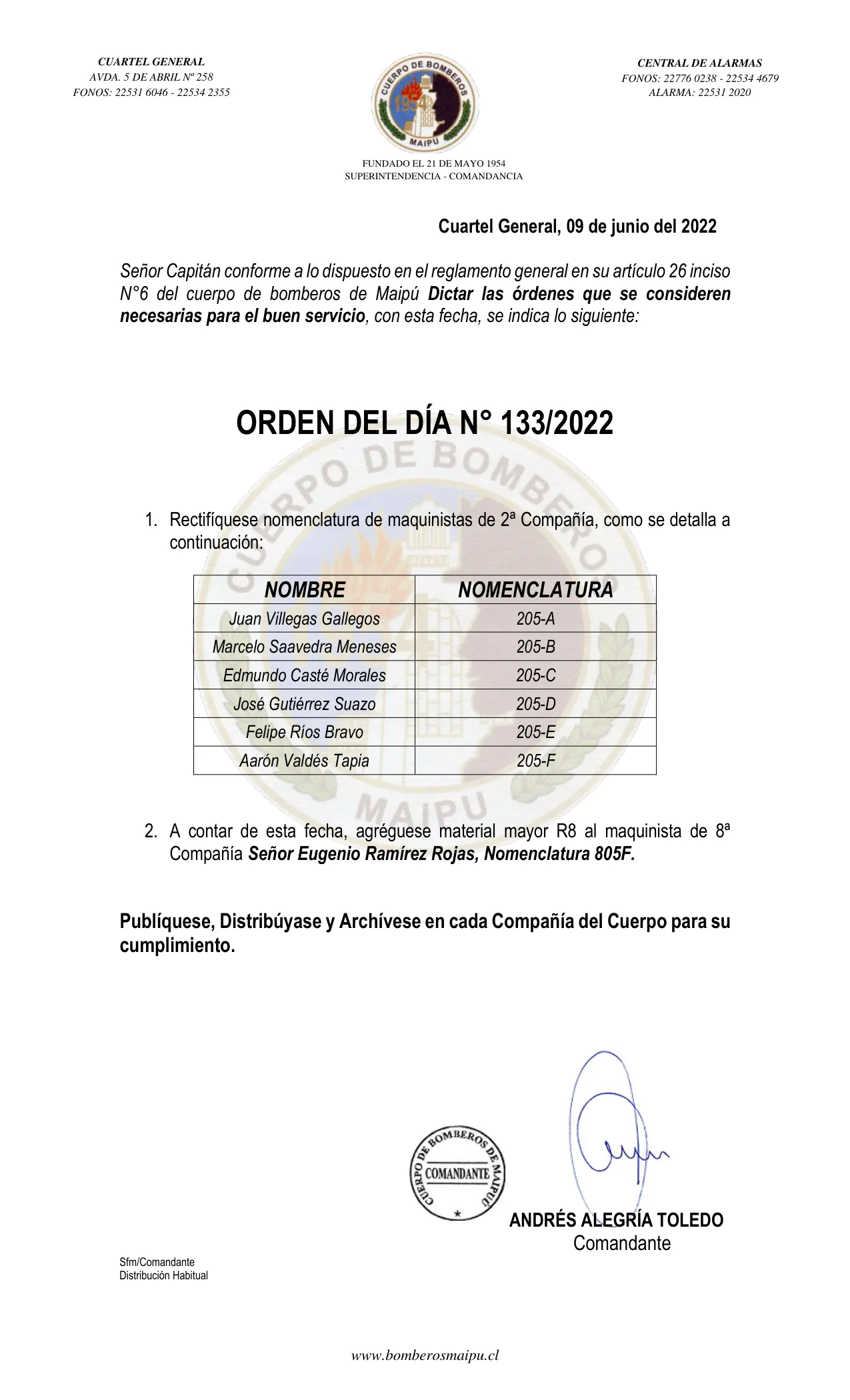 Página 1 de Orden del Día N° 133/2022