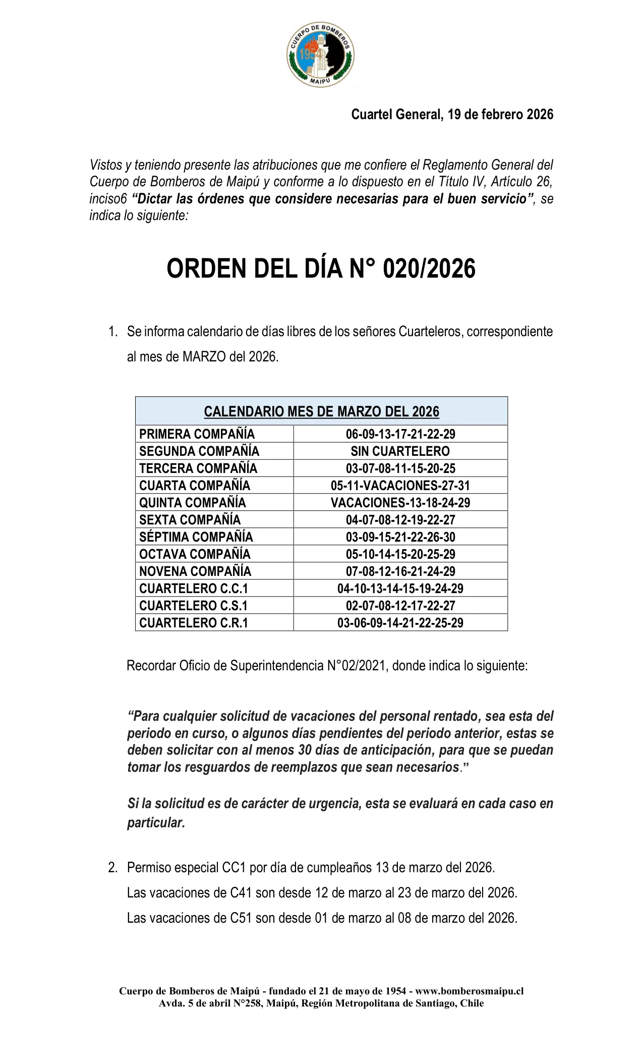 Página 1 de Orden del Día N° 20/2026
