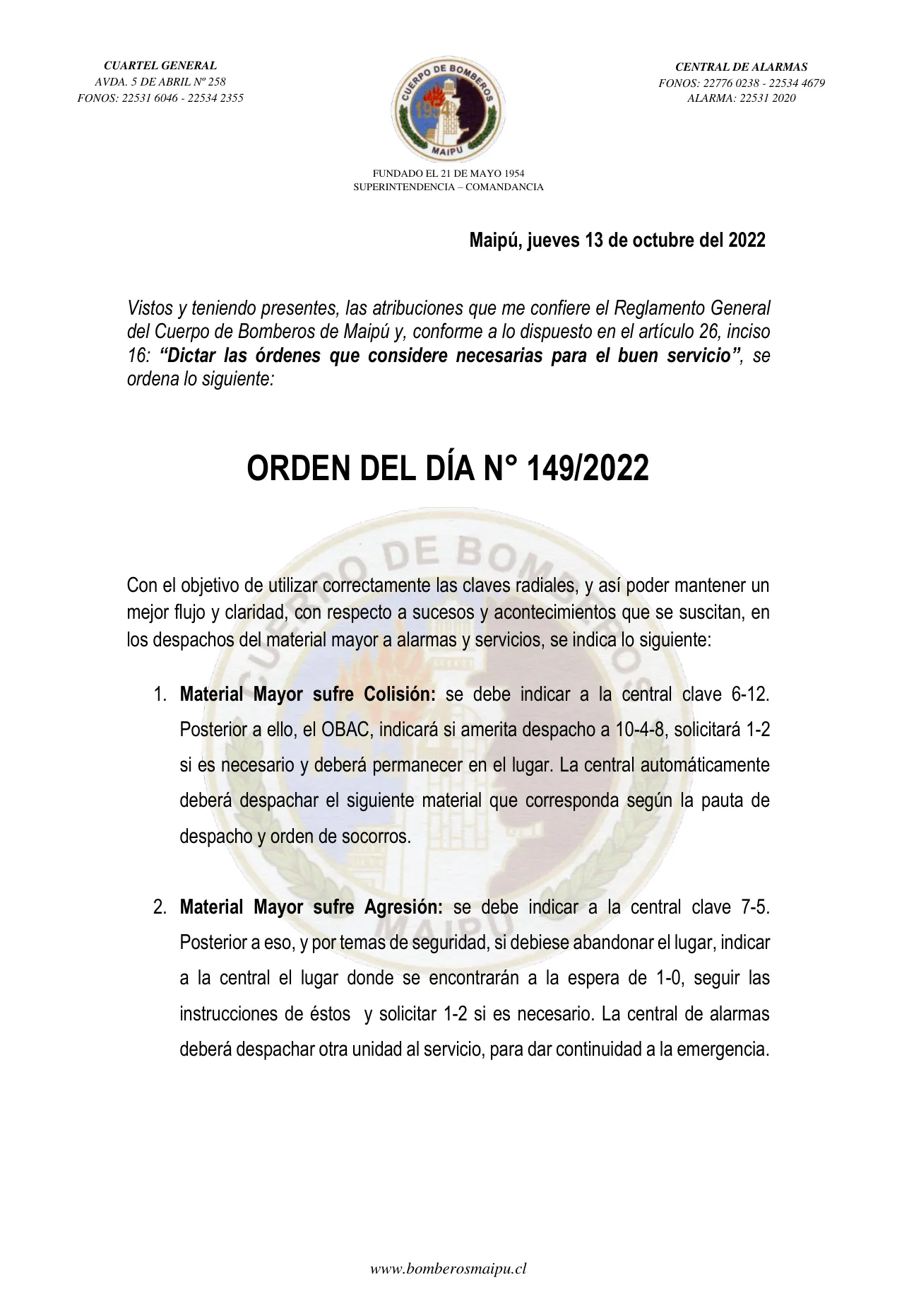 Página 1 de Orden del Día N° 149/2022
