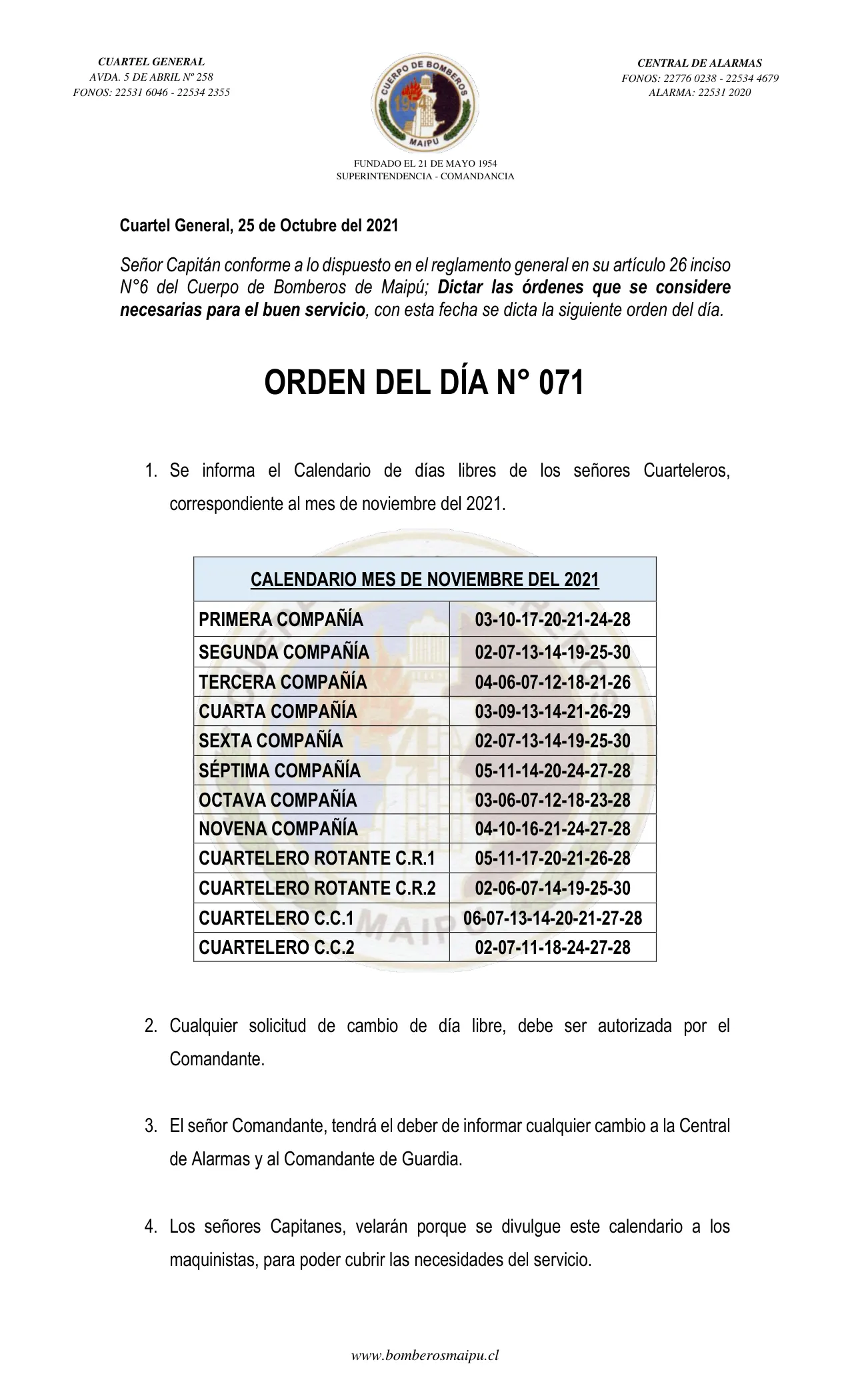 Página 1 de Orden del Día N° 71/2021