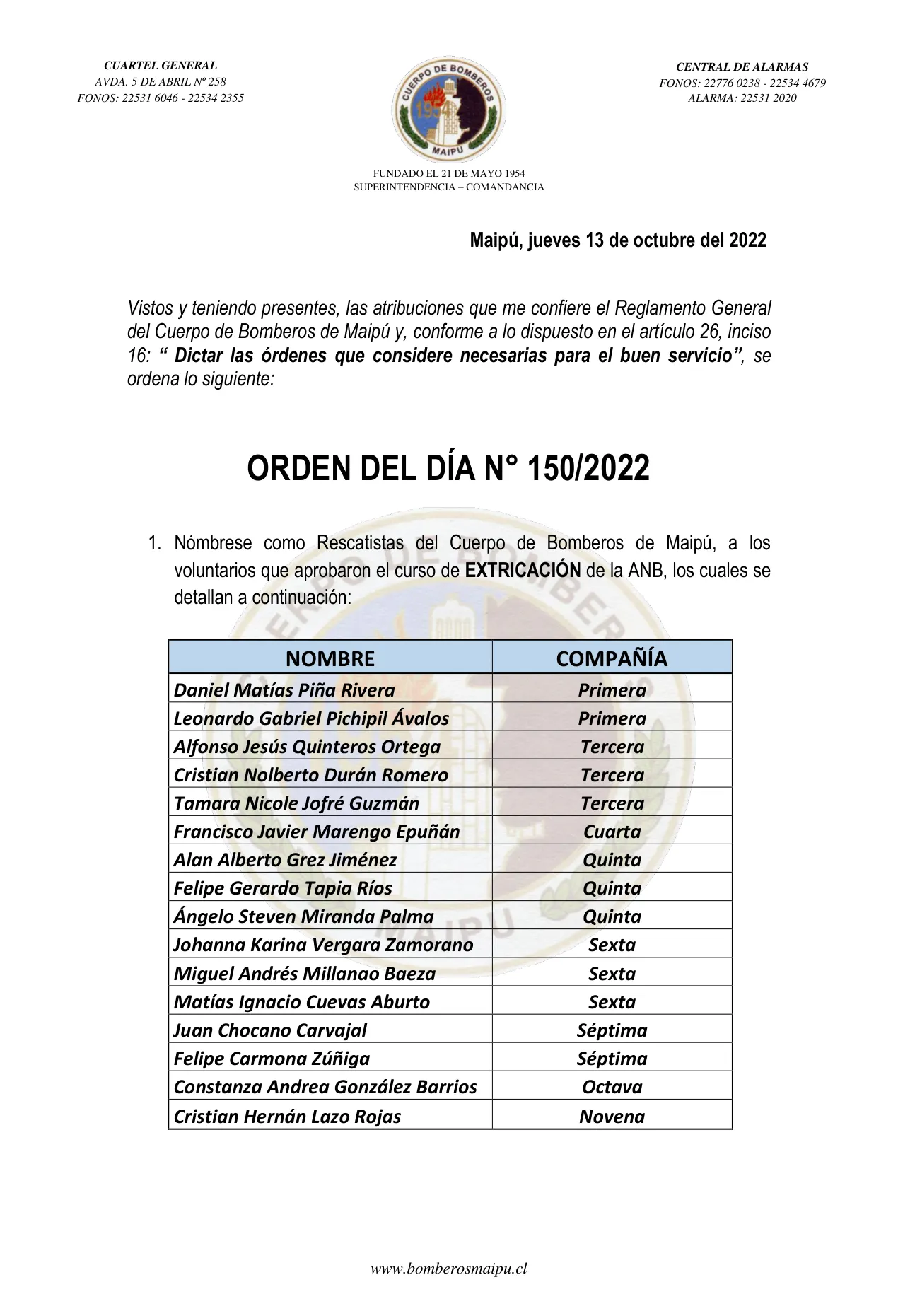 Página 1 de Orden del Día N° 150/2022