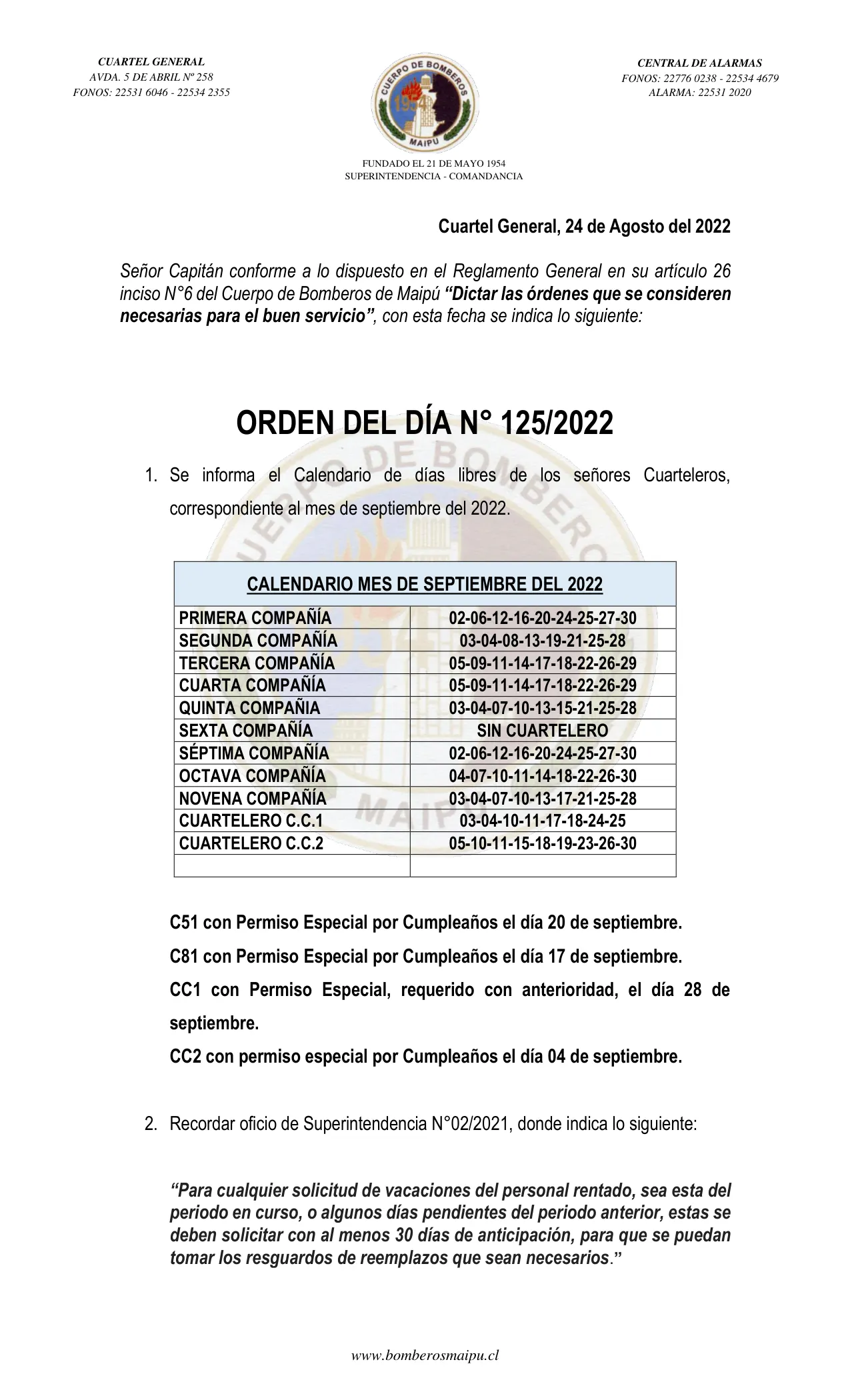 Página 1 de Orden del Día N° 125/2022