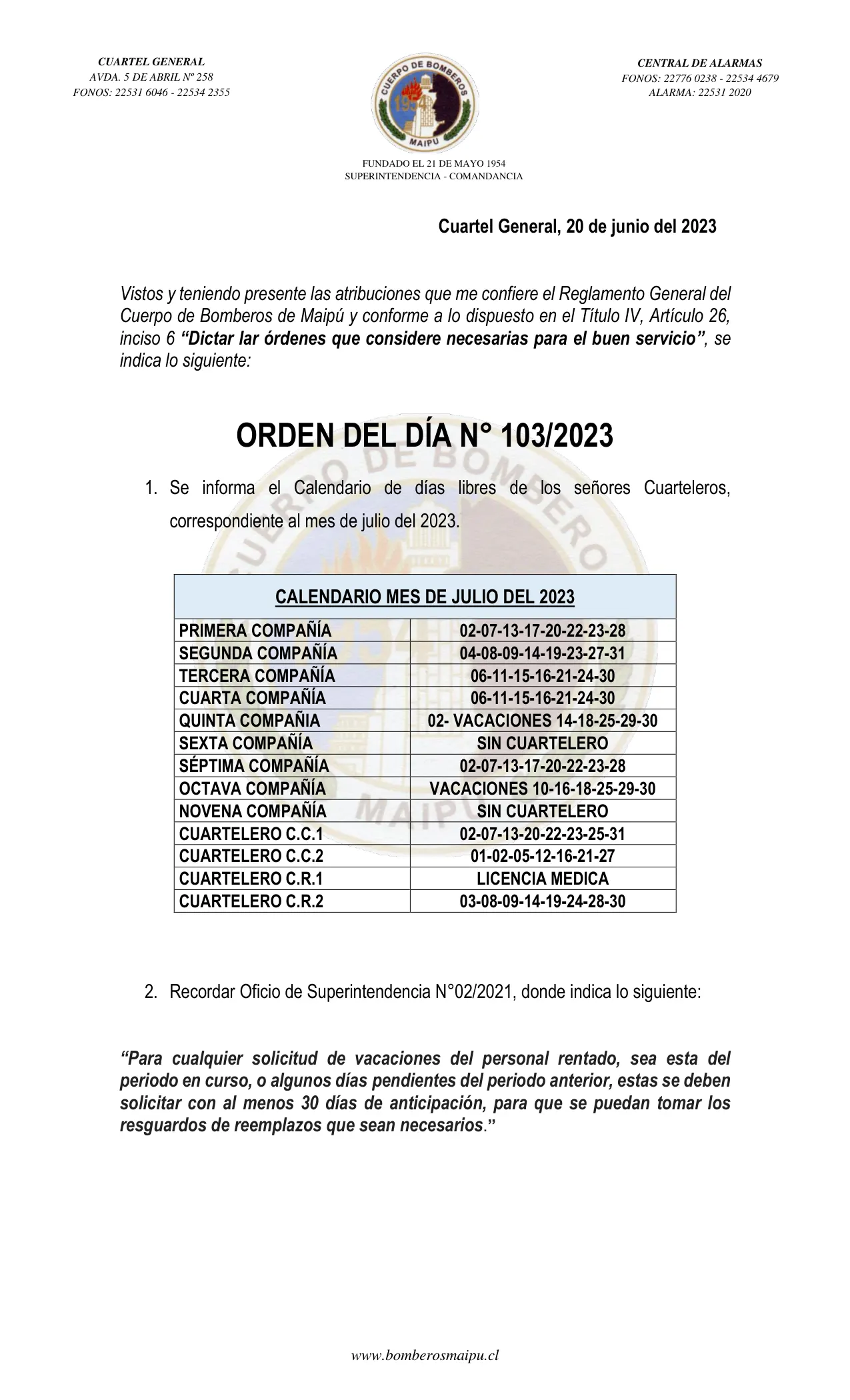Página 1 de Orden del Día N° 103/2023