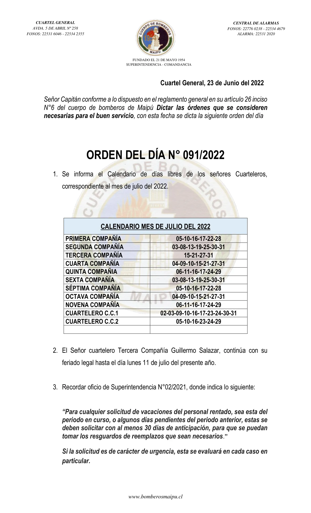 Página 1 de Orden del Día N° 91/2022
