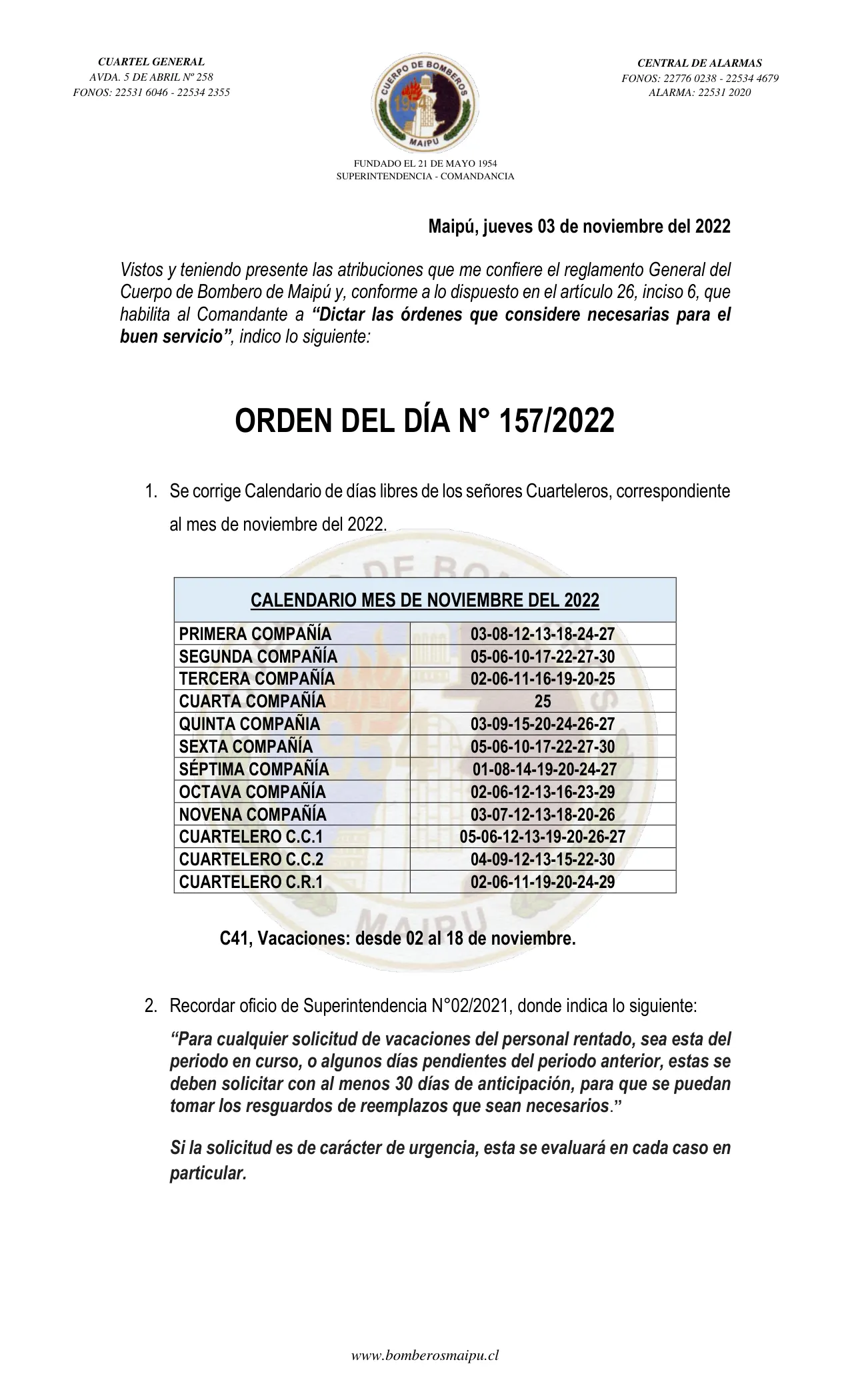 Página 1 de Orden del Día N° 157/2022