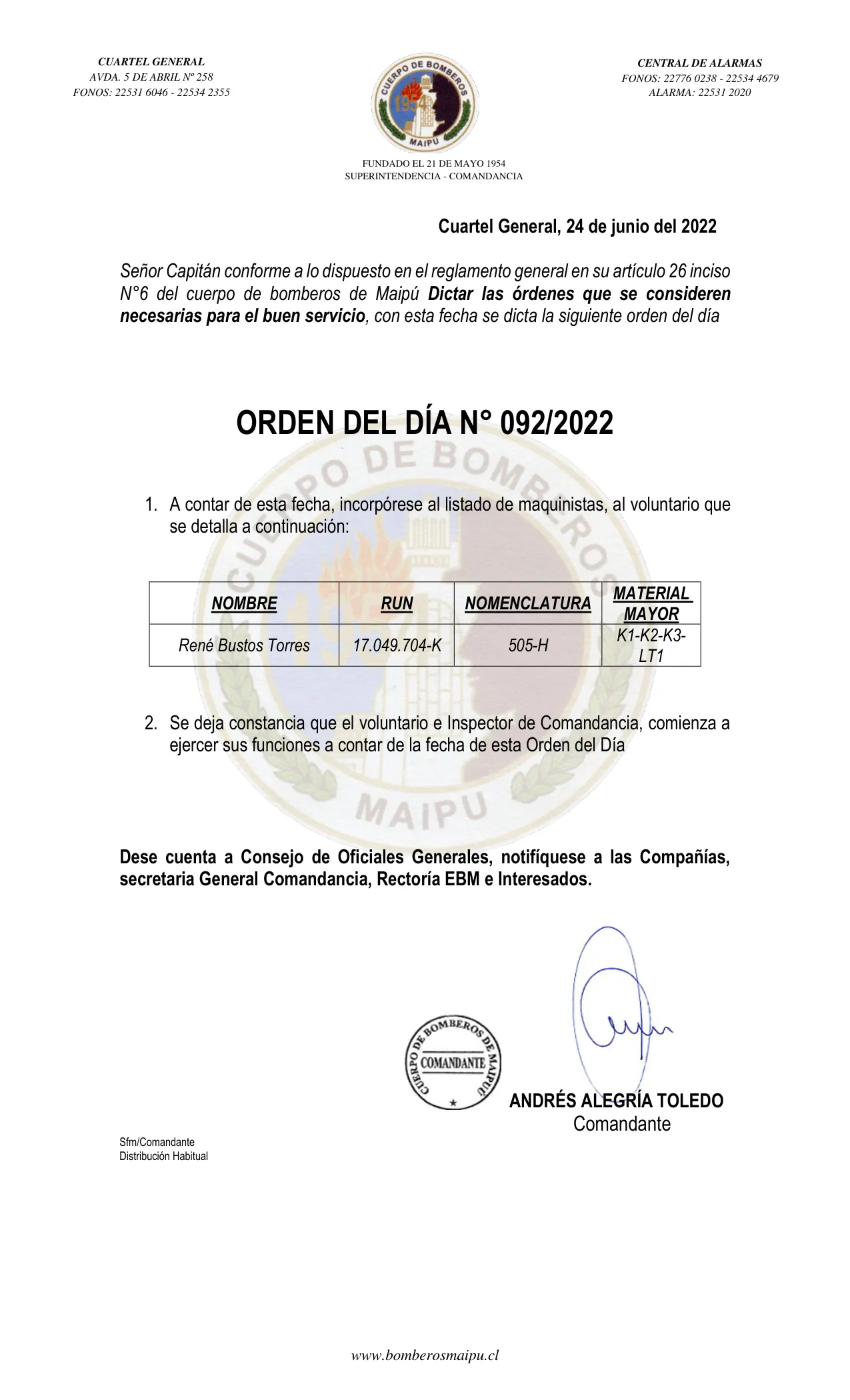 Página 1 de Orden del Día N° 92/2022