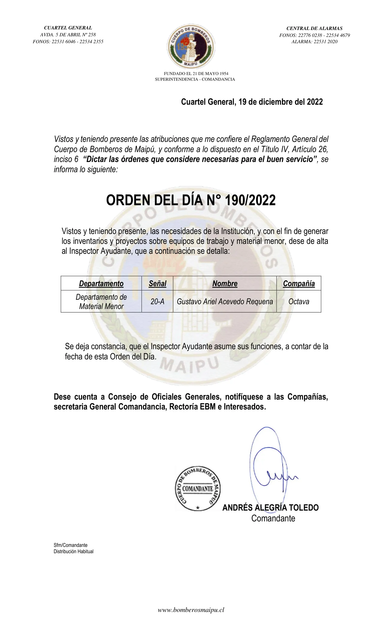 Página 1 de Orden del Día N° 190/2022