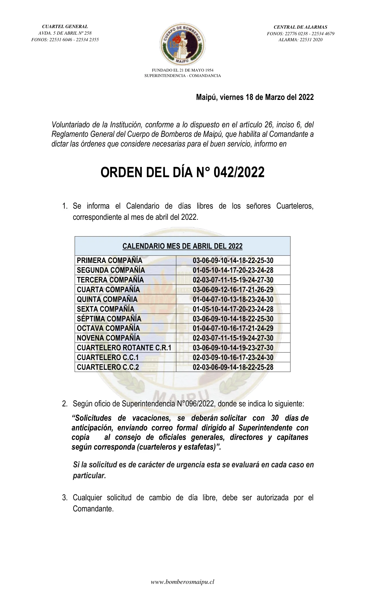 Página 1 de Orden del Día N° 42/2022
