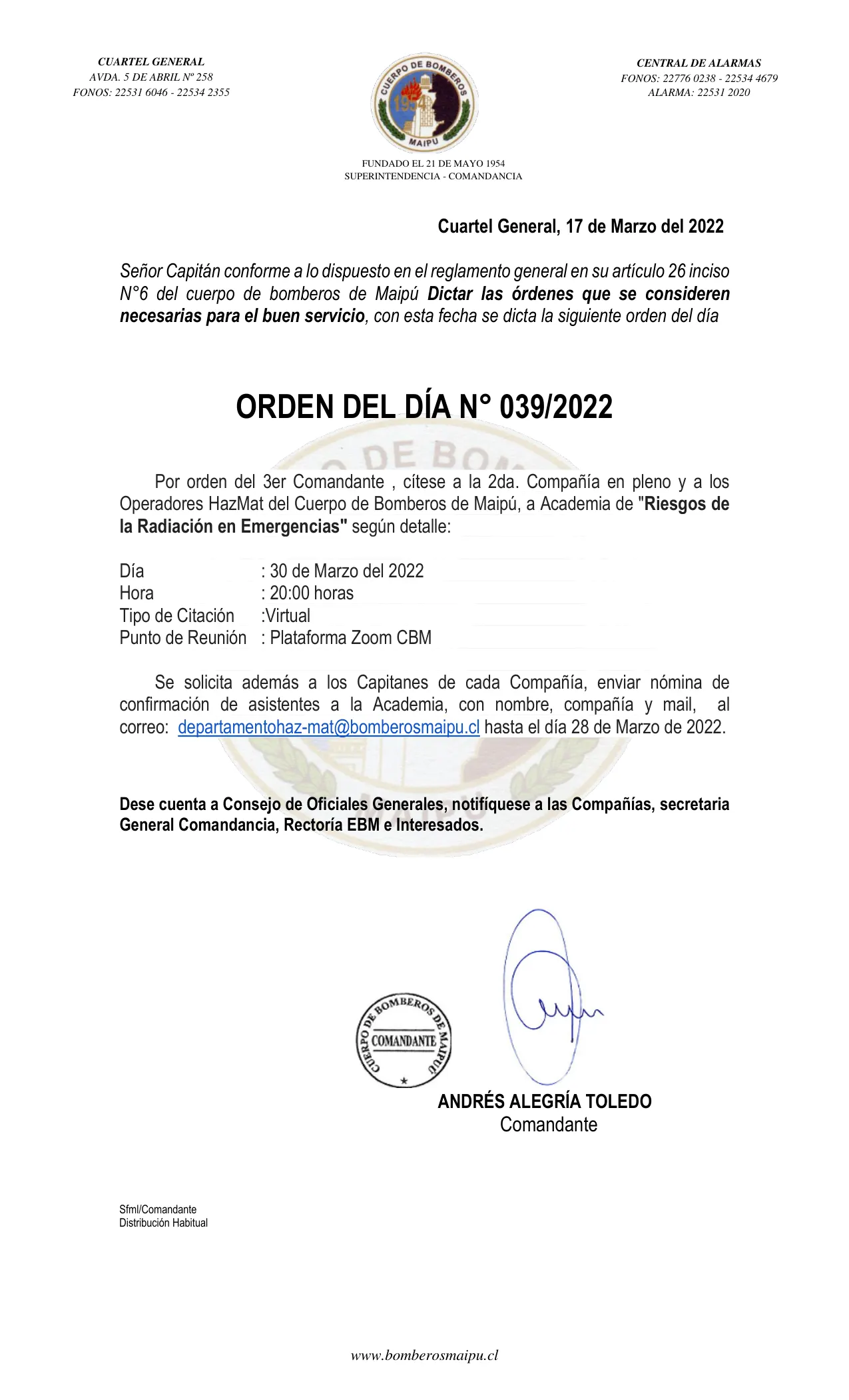 Página 1 de Orden del Día N° 39/2022