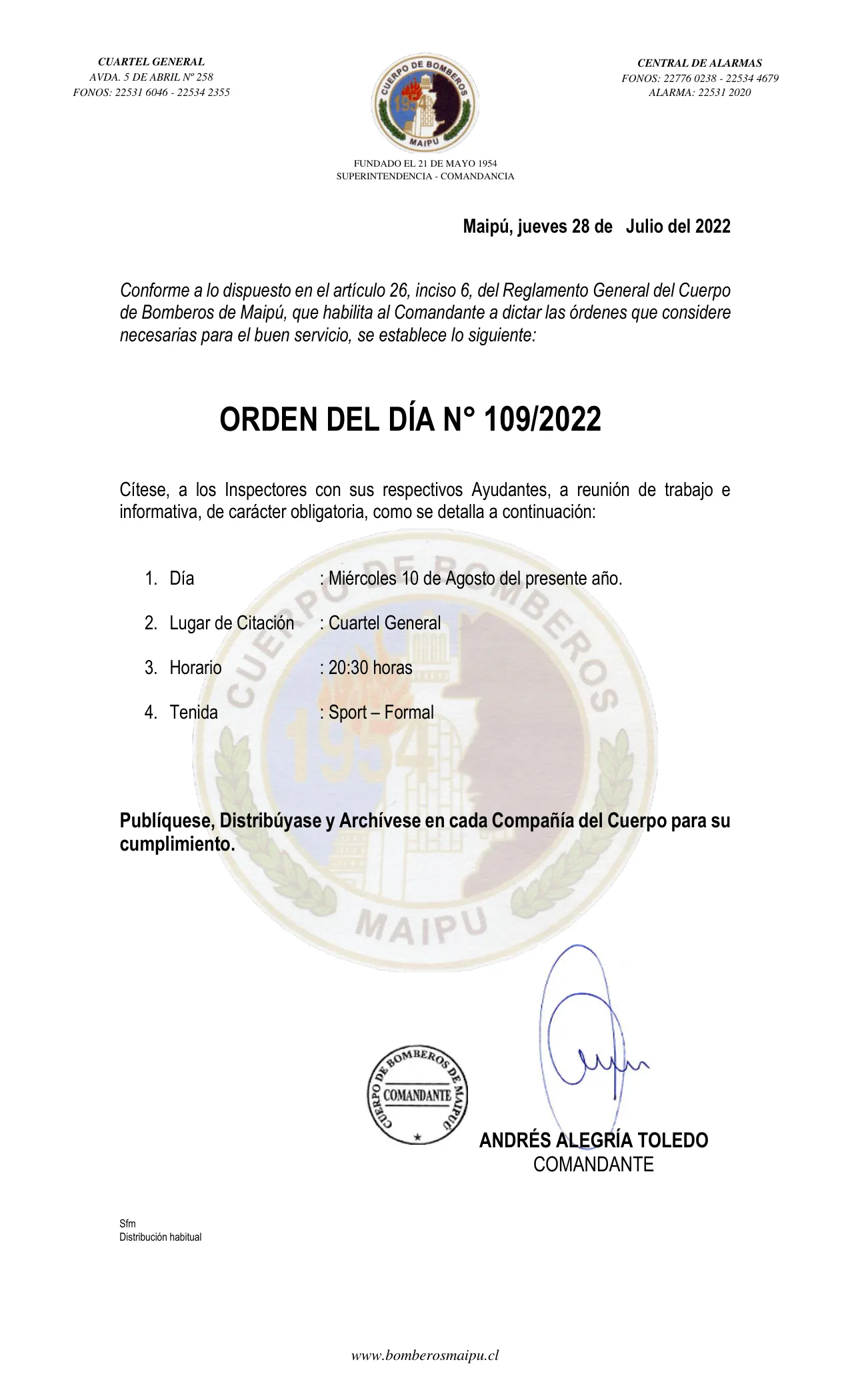 Página 1 de Orden del Día N° 109/2022