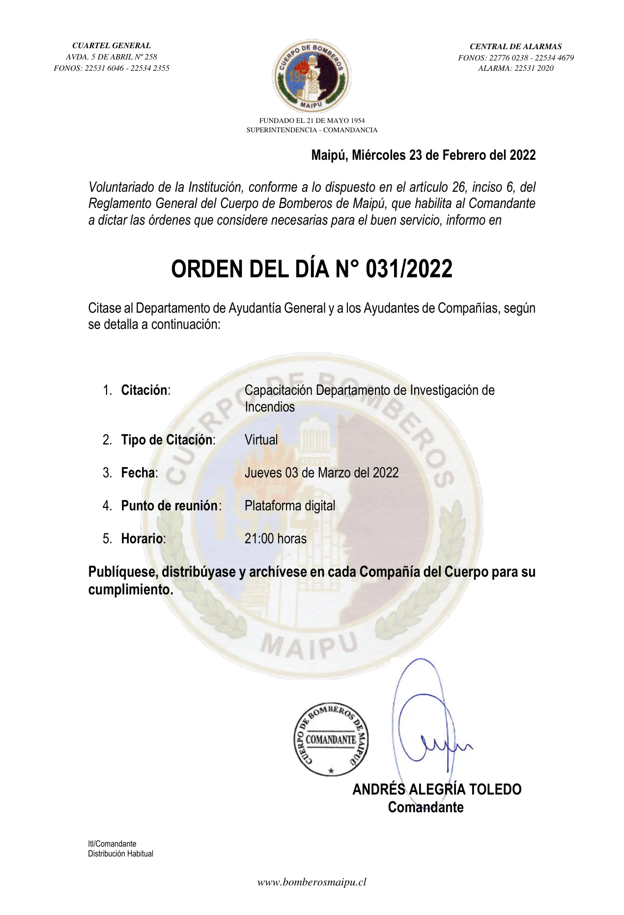Página 1 de Orden del Día N° 31/2022
