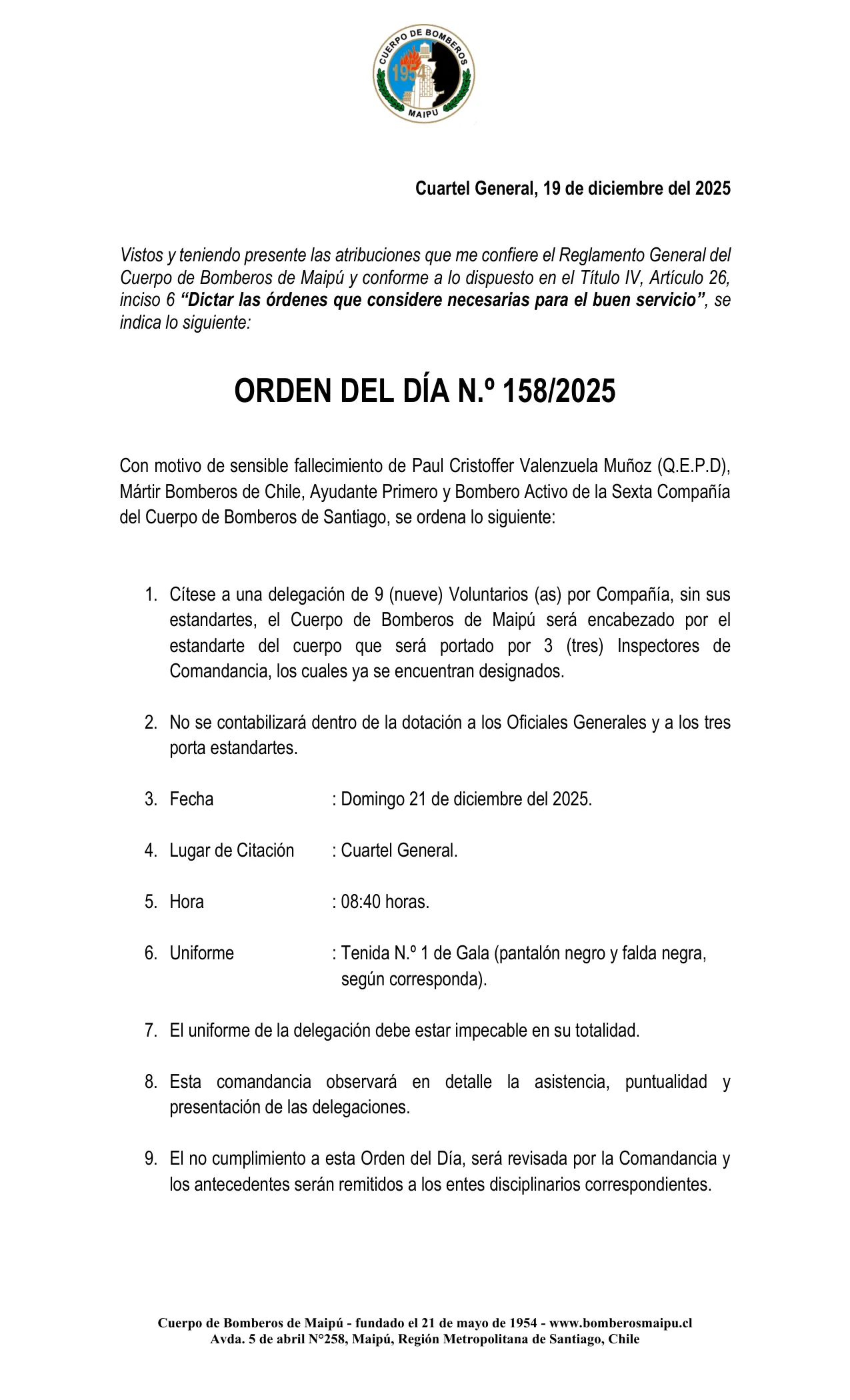 Página 1 de Orden del Día N° 158/2025