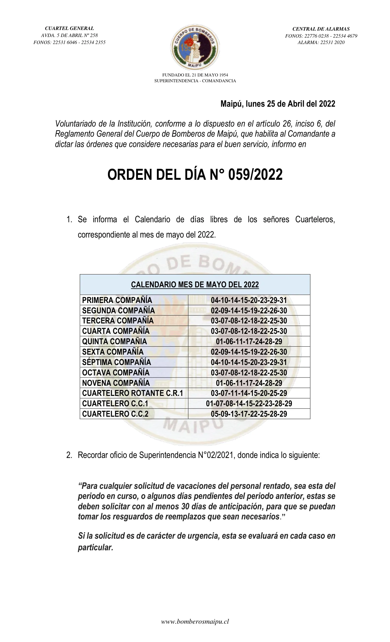 Página 1 de Orden del Día N° 59/2022