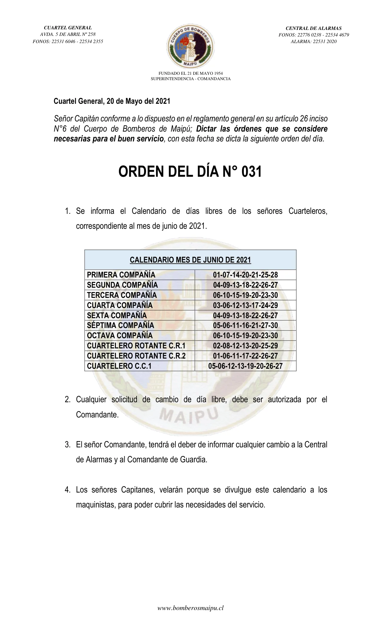 Página 1 de Orden del Día N° 31/2021