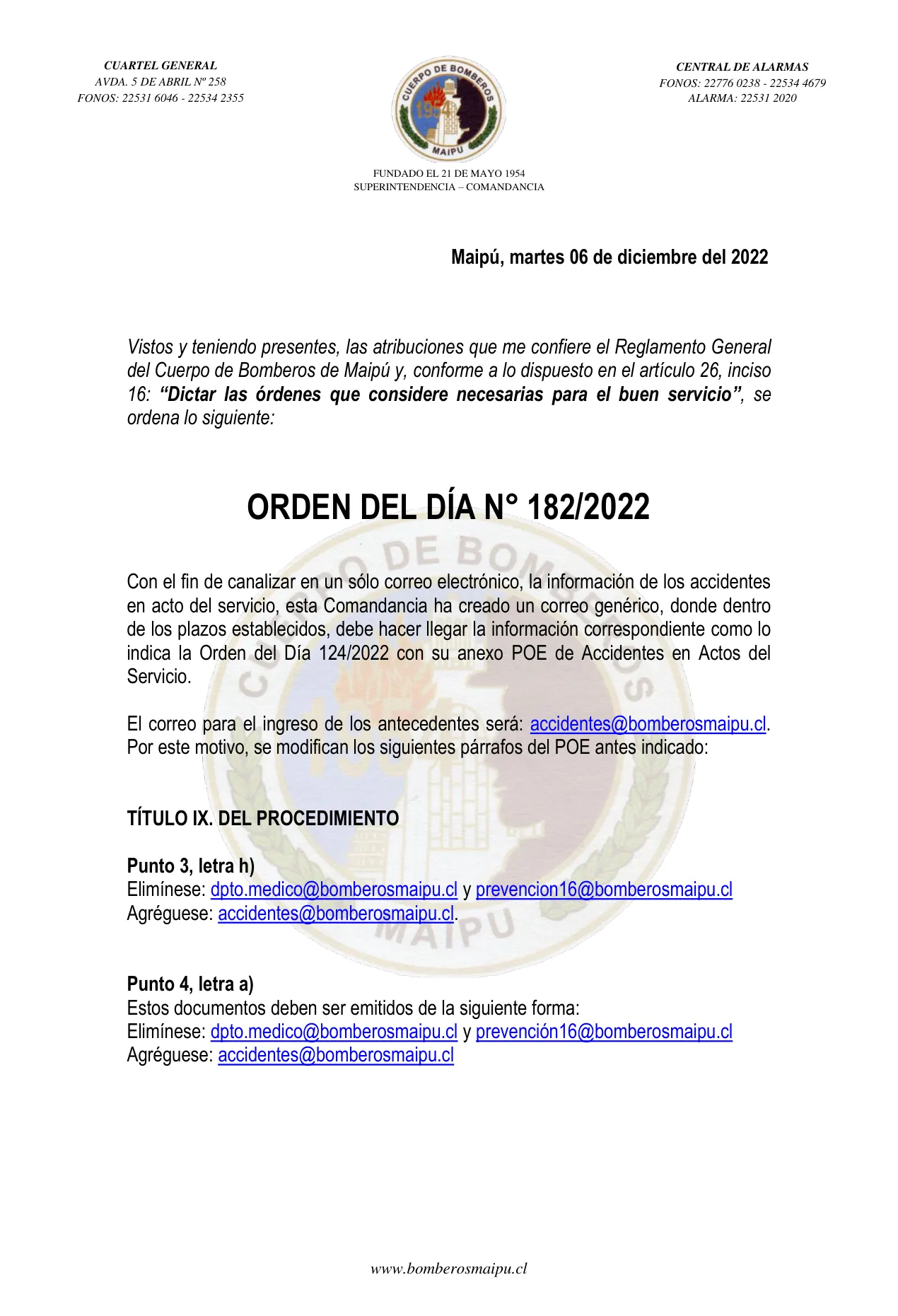 Página 1 de Orden del Día N° 182/2022