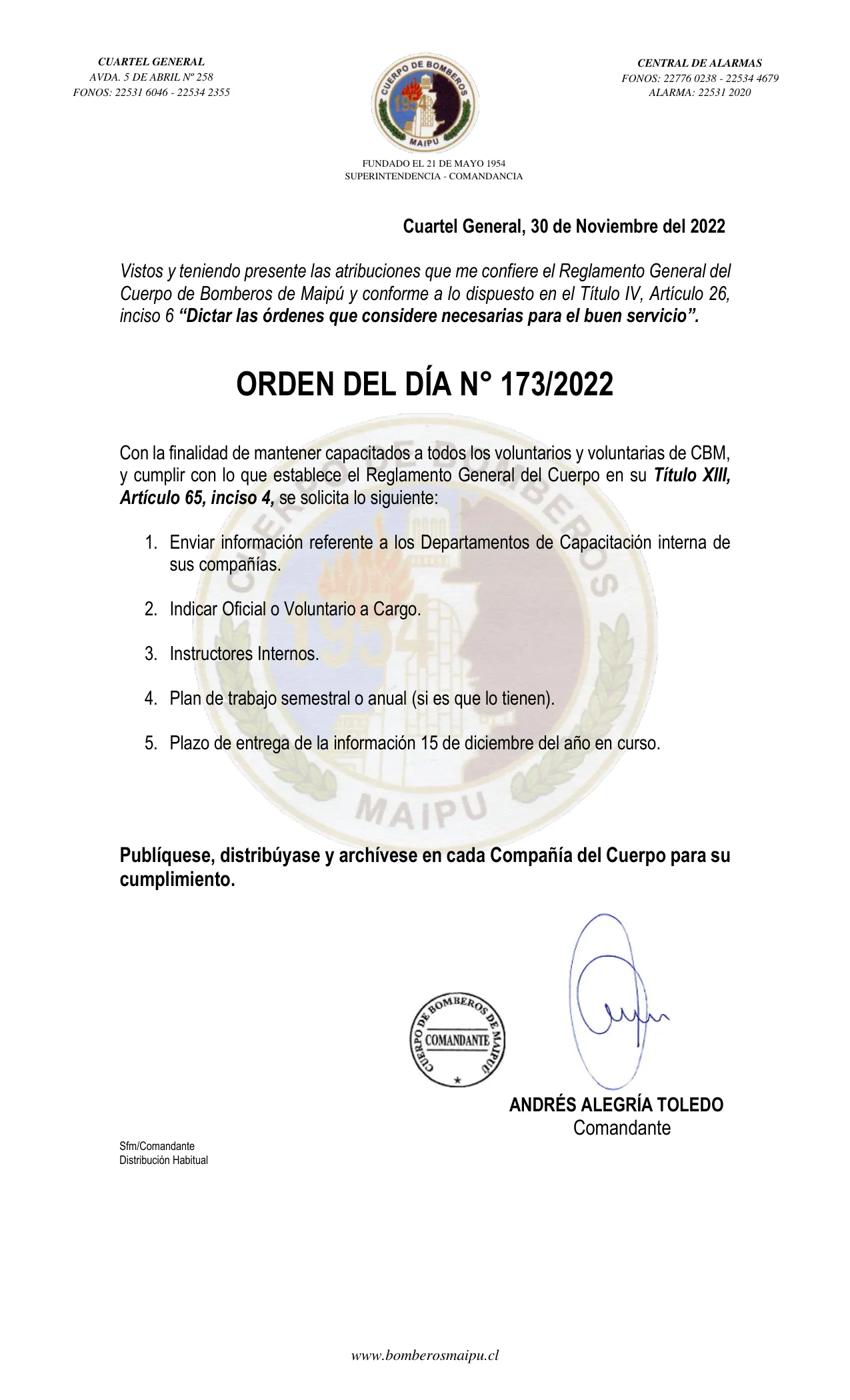 Página 1 de Orden del Día N° 173/2022