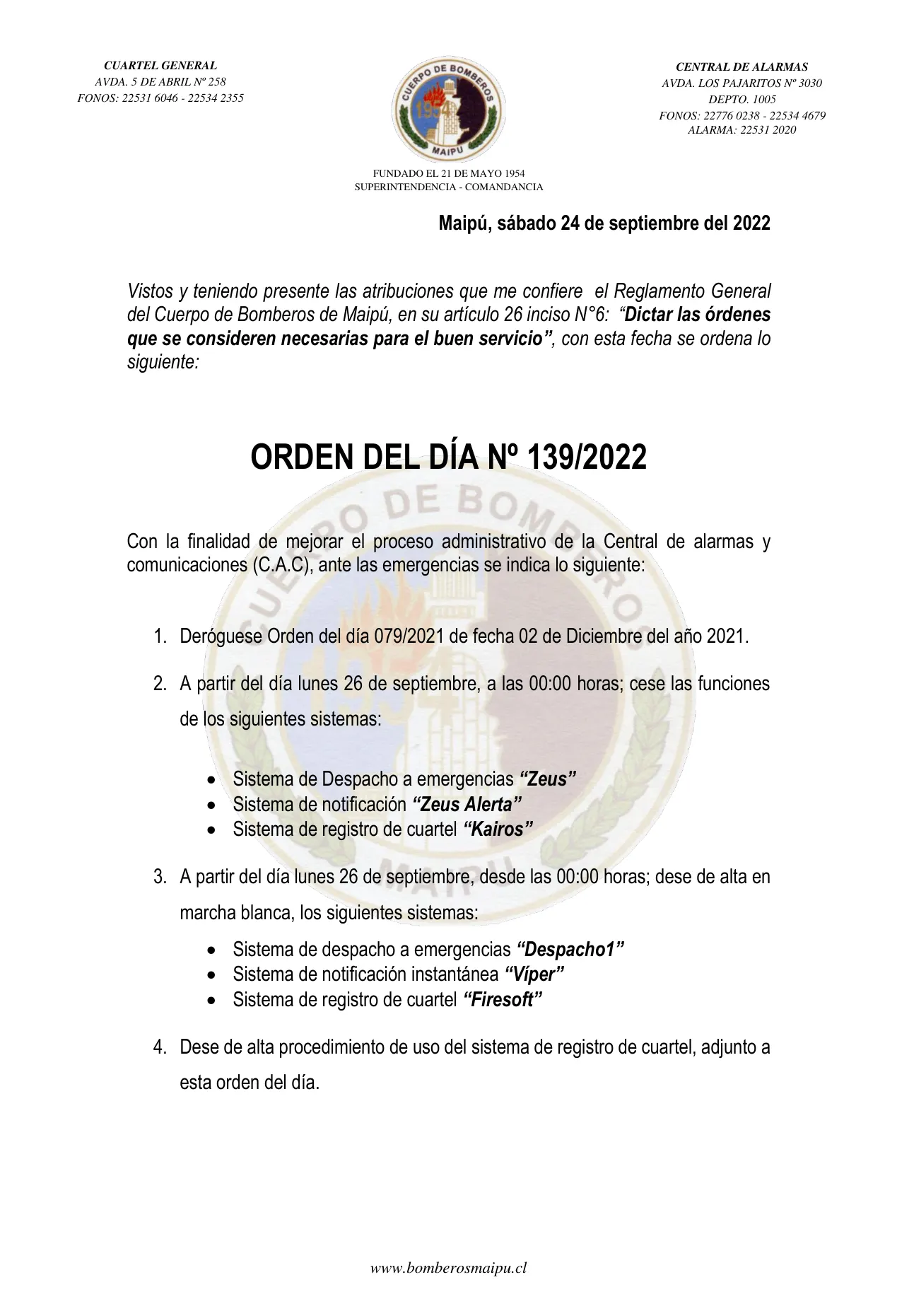 Página 1 de Orden del Día N° 139/2022