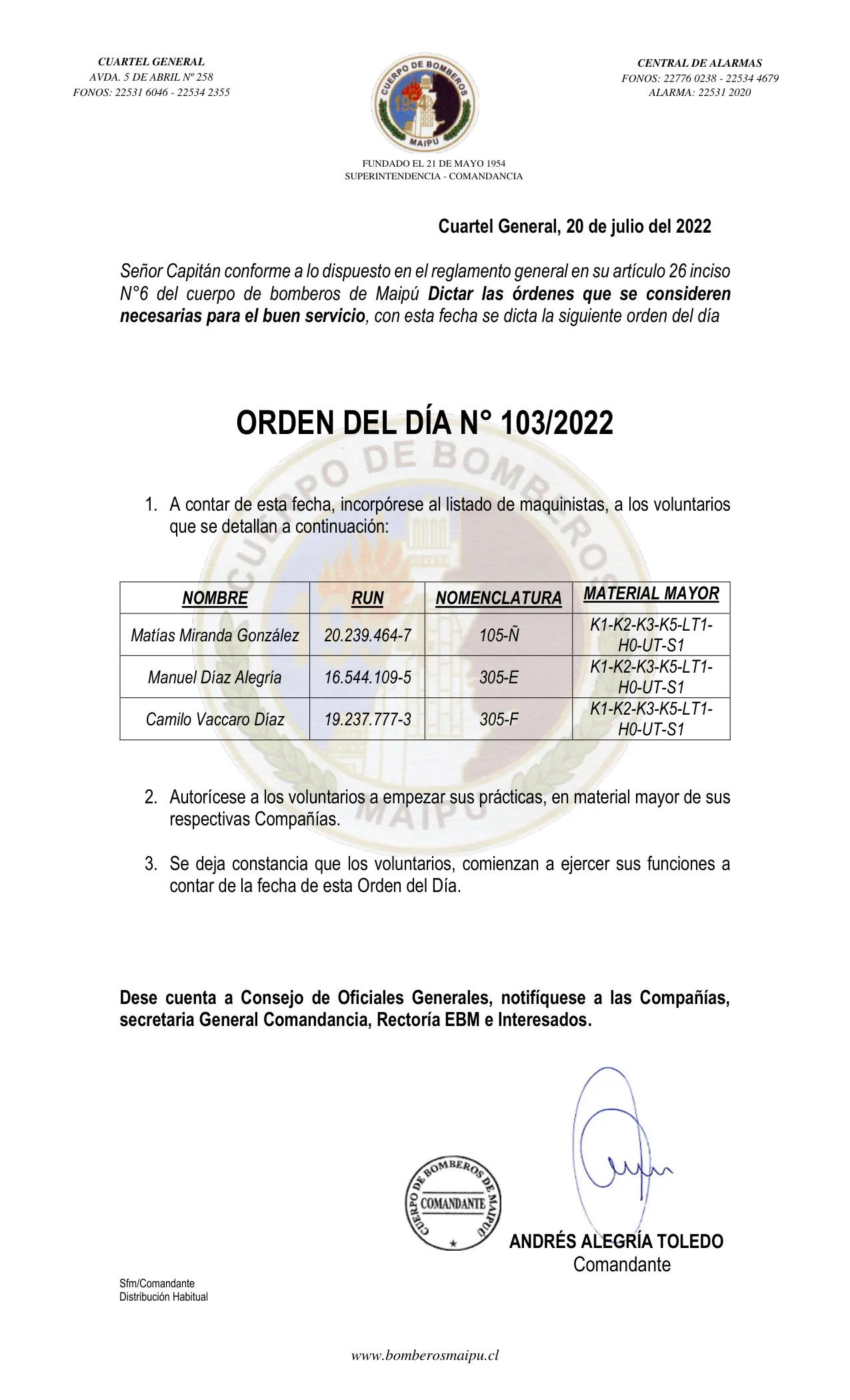 Página 1 de Orden del Día N° 103/2022