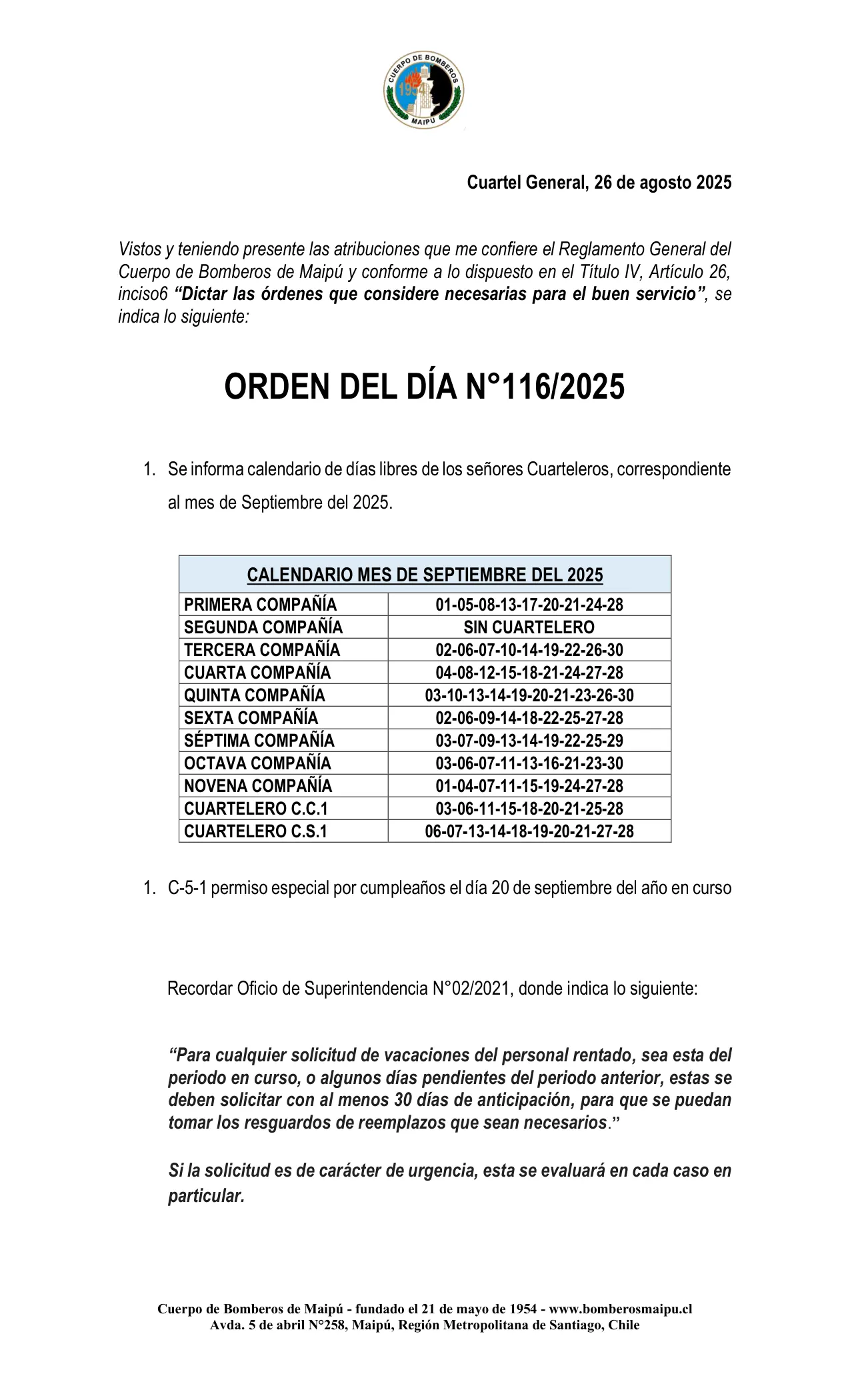 Orden del Día N° 116/2025