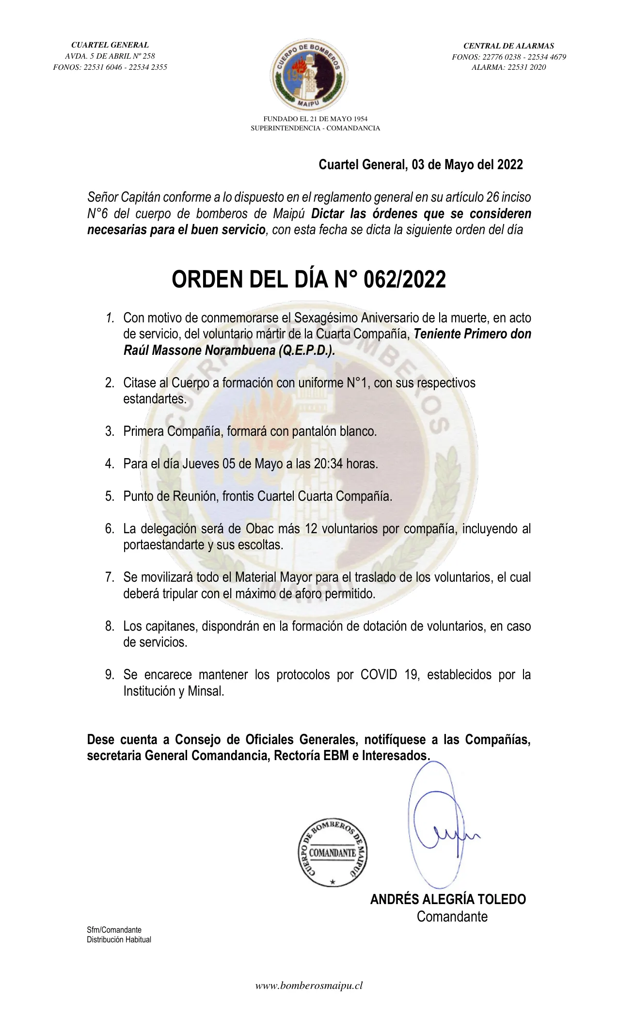 Página 1 de Orden del Día N° 62/2022