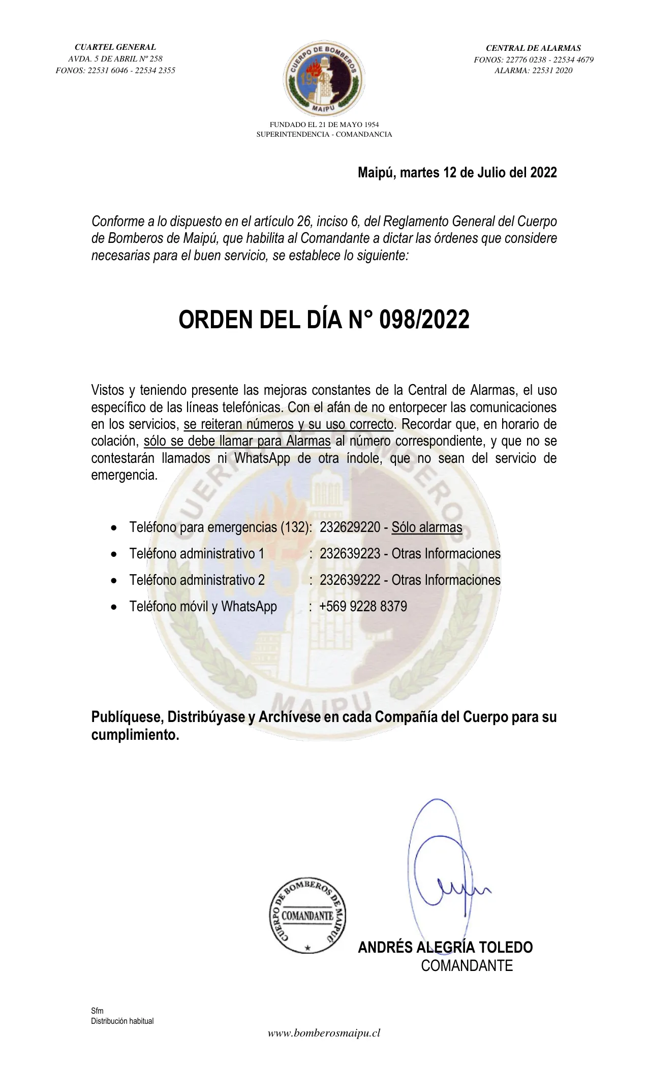 Página 1 de Orden del Día N° 98/2022
