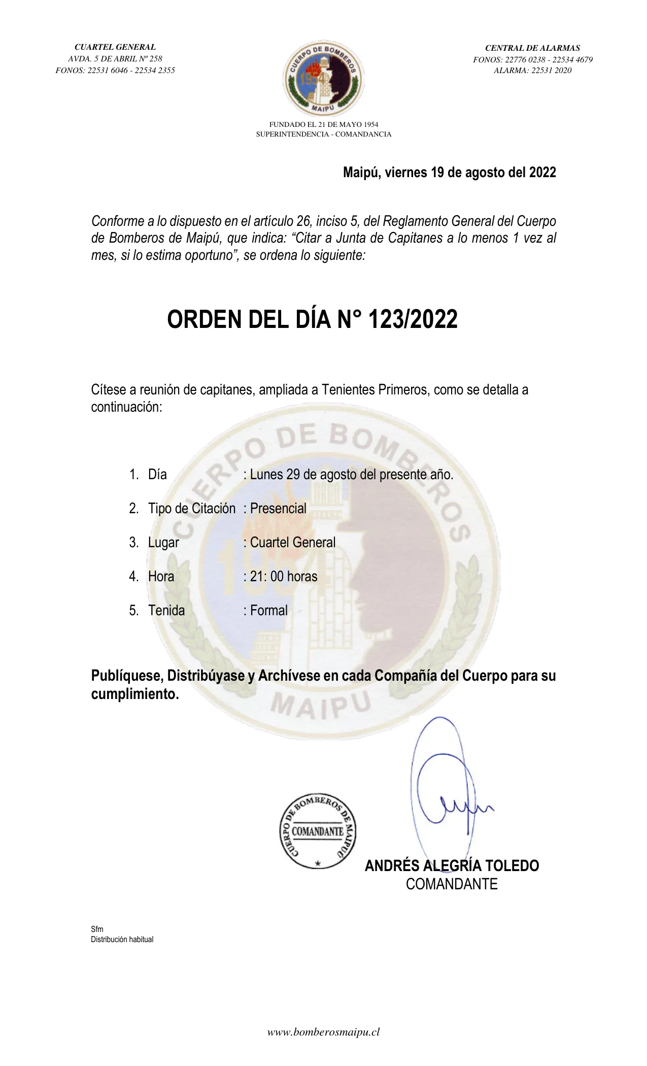 Página 1 de Orden del Día N° 123/2022