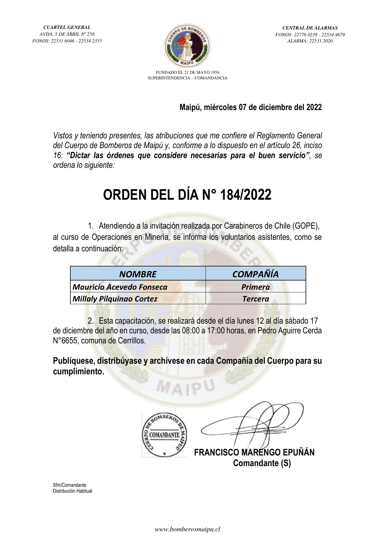 Página 1 de Orden del Día N° 184/2022