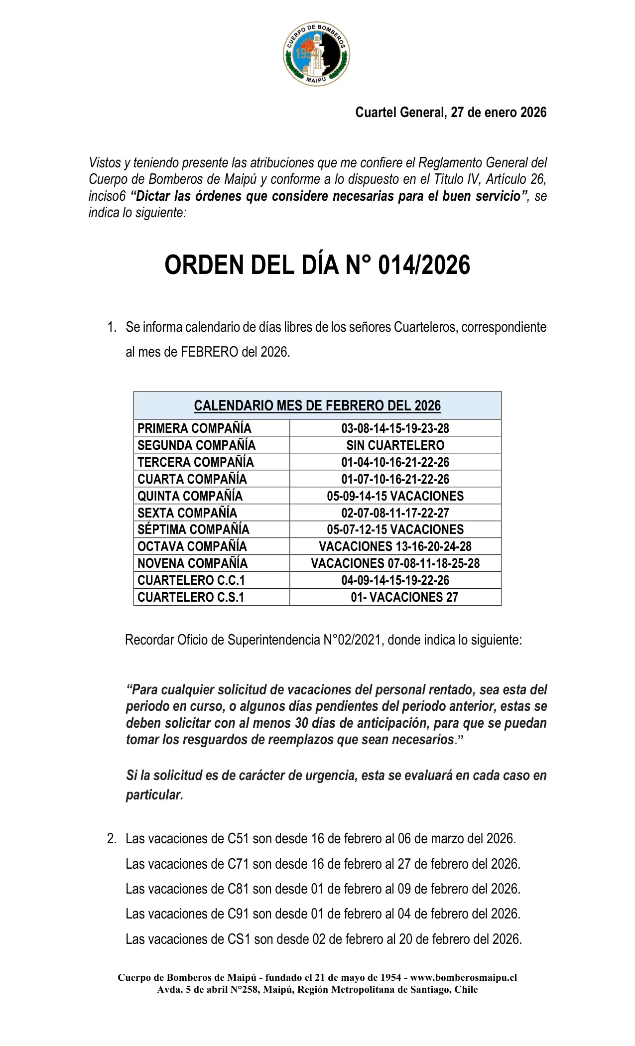 Orden del Día N° 14/2026