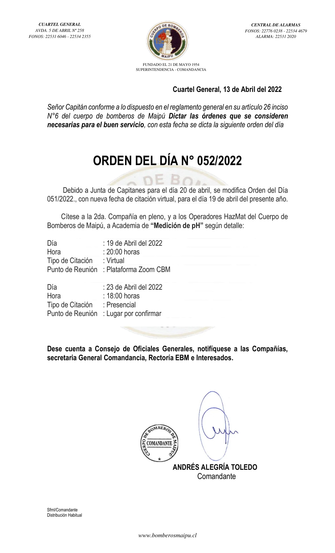 Página 1 de Orden del Día N° 52/2022