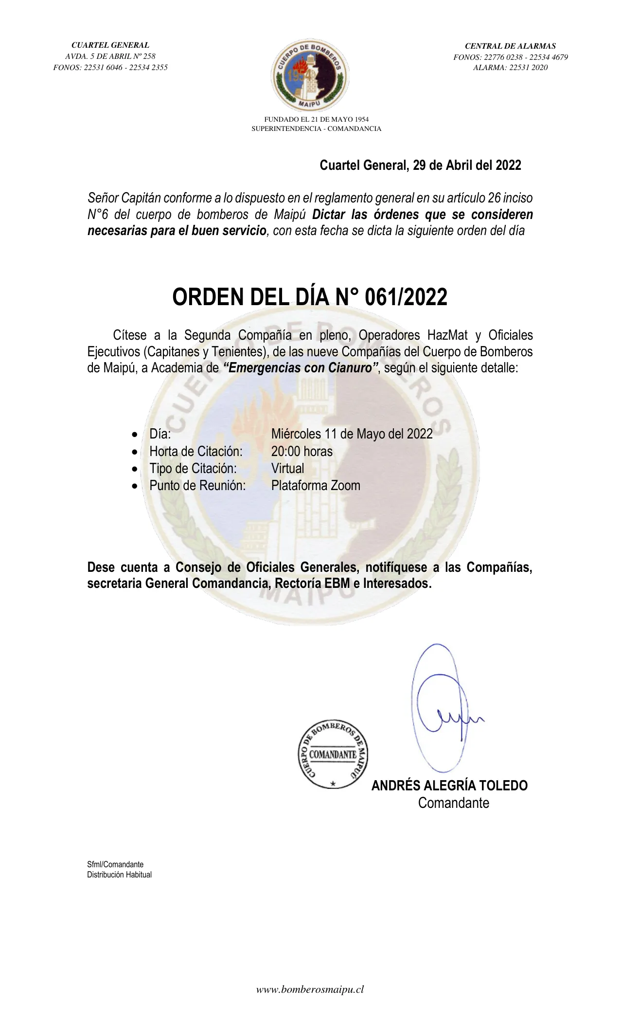 Página 1 de Orden del Día N° 61/2022