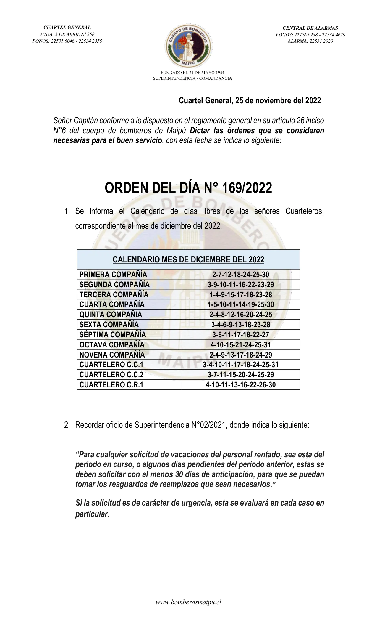 Página 1 de Orden del Día N° 169/2022