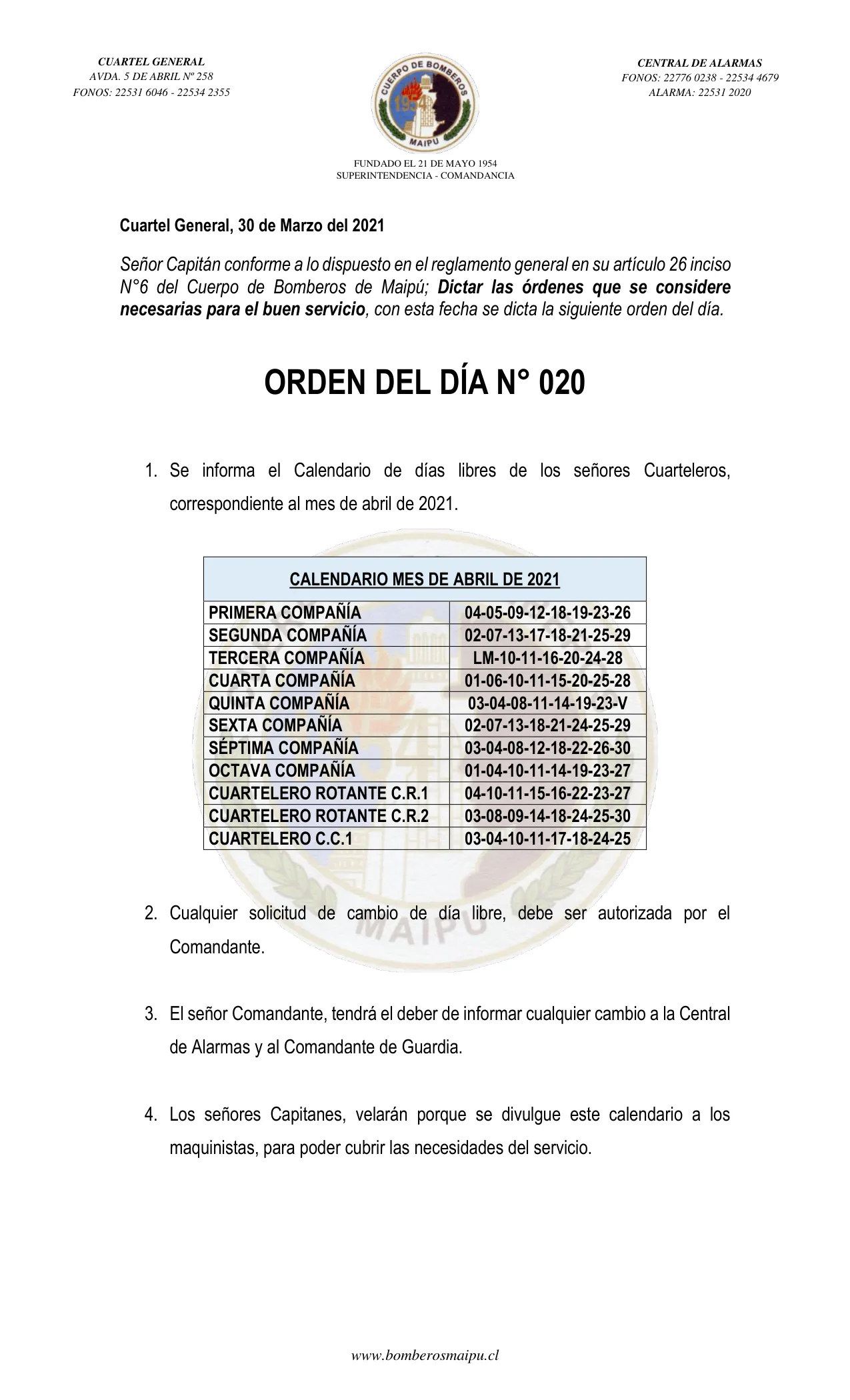 Página 1 de Orden del Día N° 20/2021